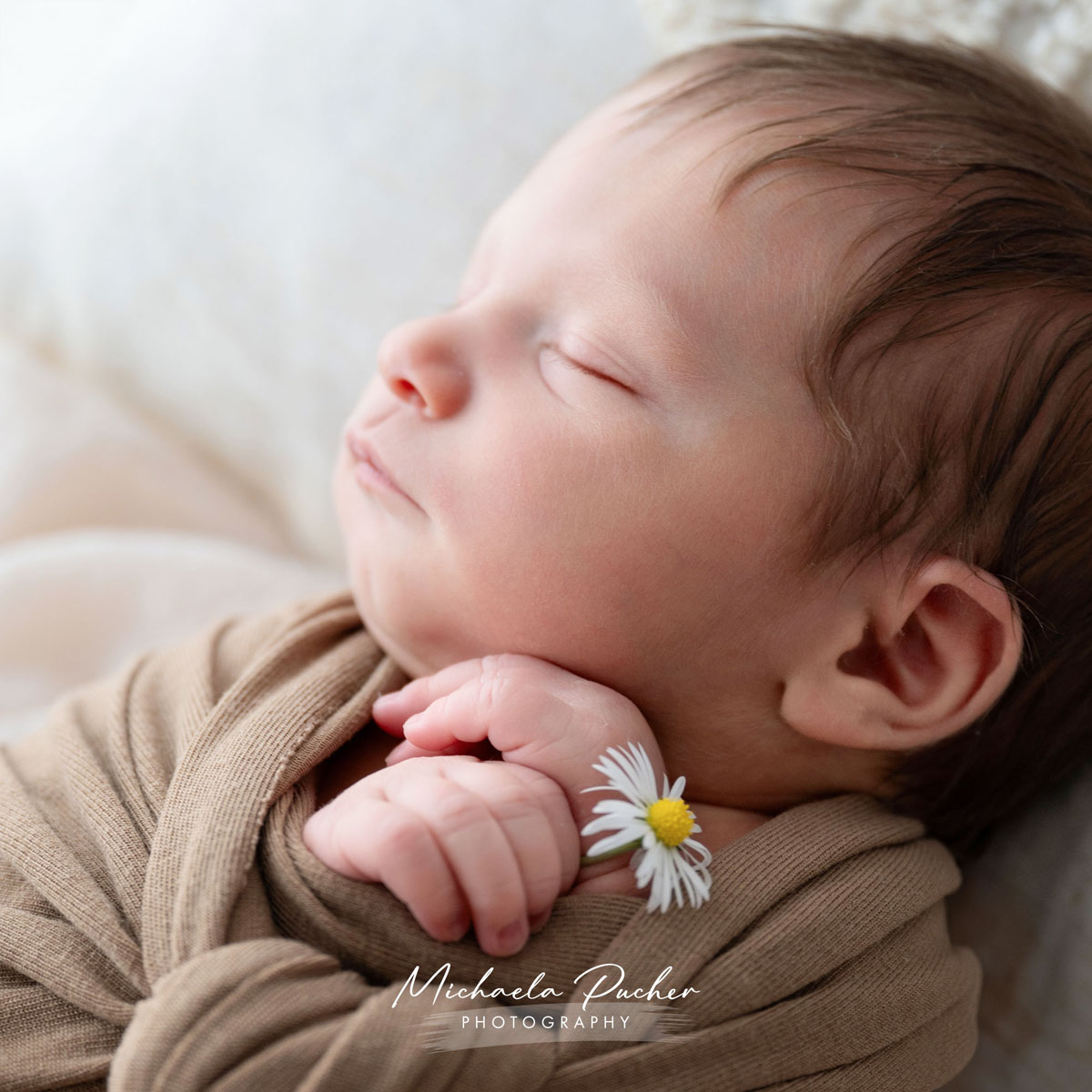 Schlafendes Neugeborenes, eingewickelt in braunen Stoff, hält eine kleine Gänseblume zwischen den Fingern.